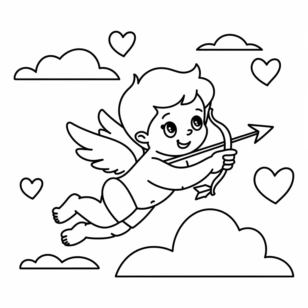 Cupid Shooting a Heart Arrow - Valentine Coloring Page