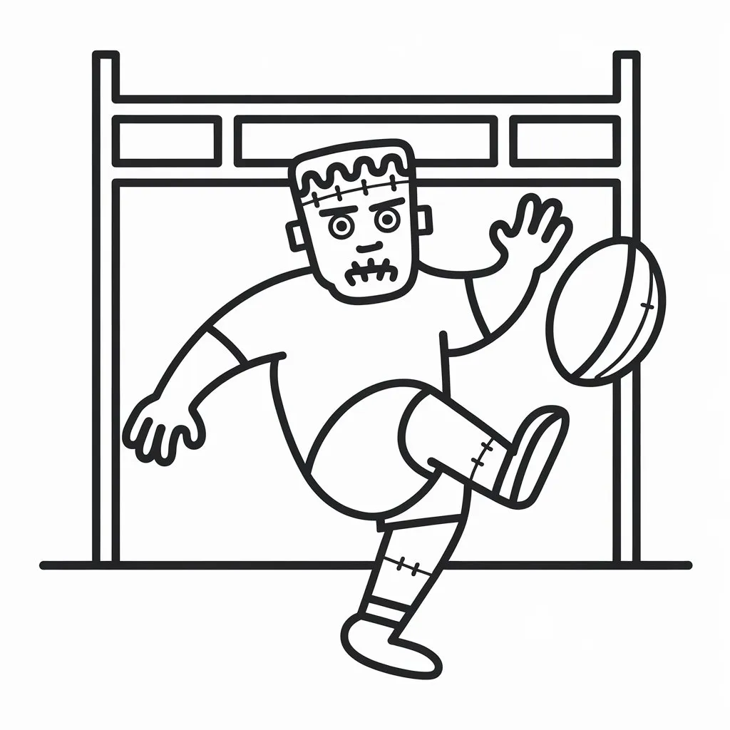 Frankenstein's Monster Kicking a Rugby Ball Through the Goalposts Halloween Coloring Page