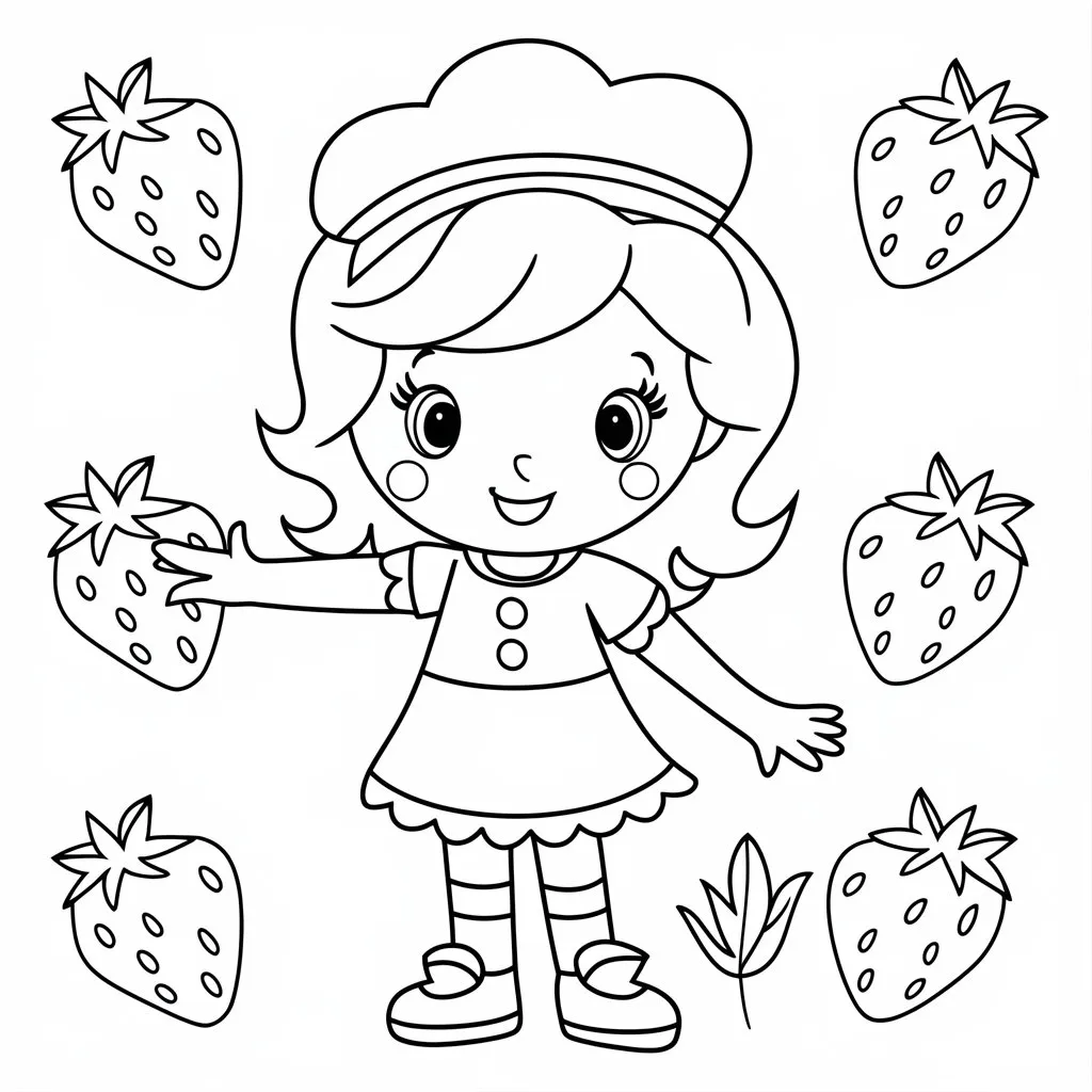 Strawberry Shortcake picking fresh strawberries in a garden, a delightful coloring page.