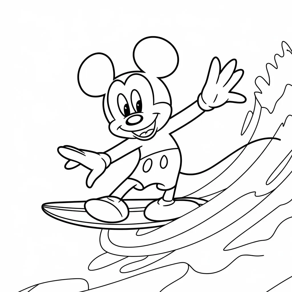 Mickey Mouse surfing on a wave, a fun and adventurous coloring page