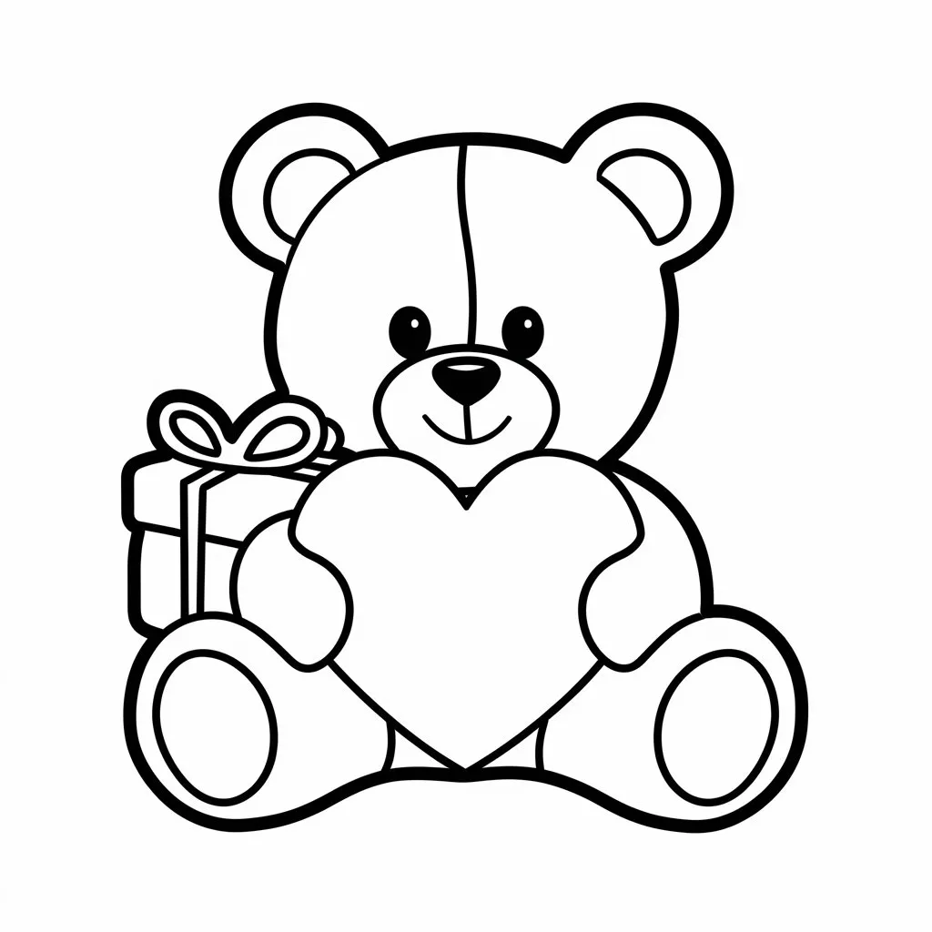 Teddy Bear Holding a Gift Box and Heart Coloring Page | Free Download