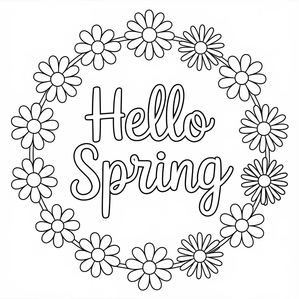 Hello Spring Flower Wreath Coloring Page