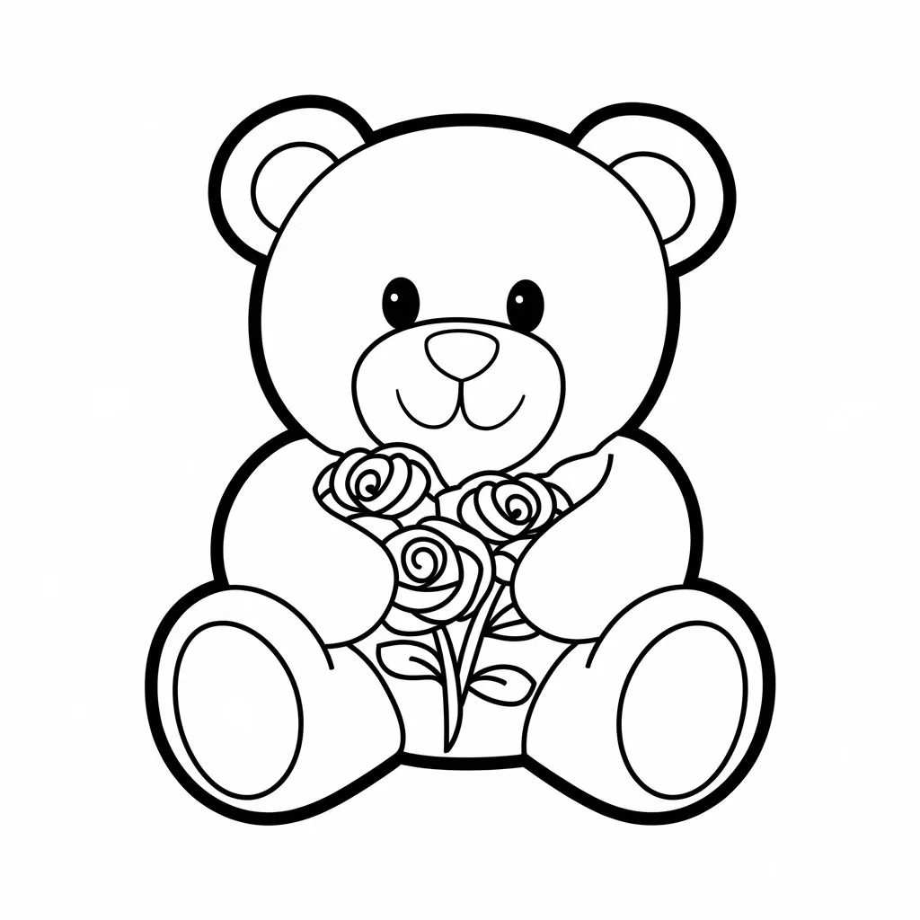 Teddy bear holding roses coloring page