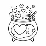 A whimsical Valentine's Day coloring page featuring a bubbling cauldron filled with hearts, stars, and roses,