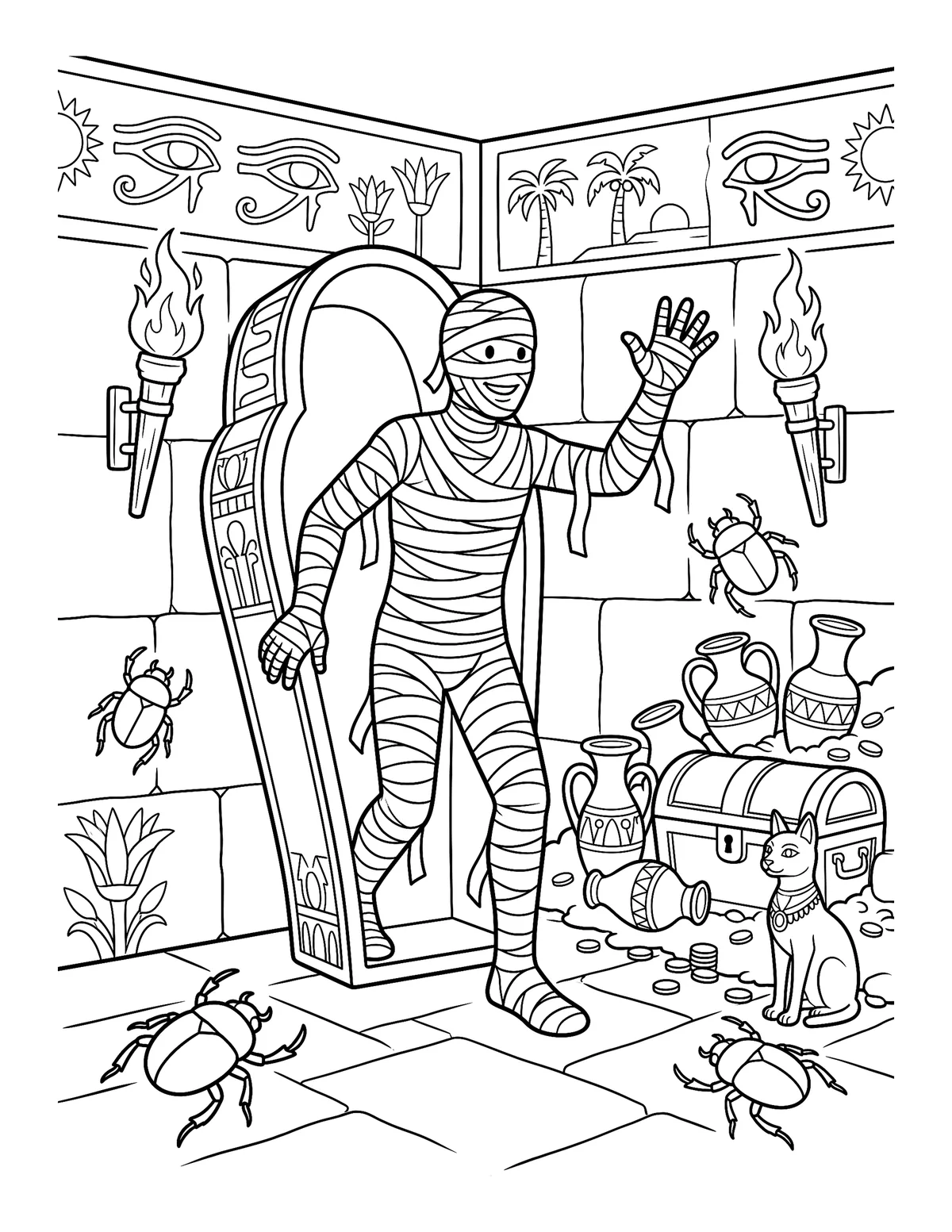 Coloring page of a friendly mummy waving as he steps out of a sarcophagus inside a pyramid tomb with scarab beetles, torches and treasure