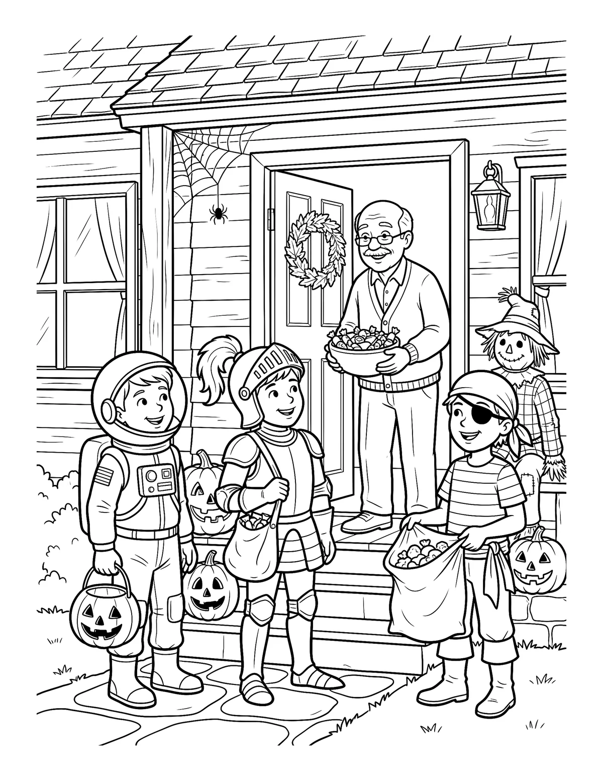 Coloring page of three kids in astronaut, knight and pirate costumes trick-or-treating on a porch while a grandpa hands out candy