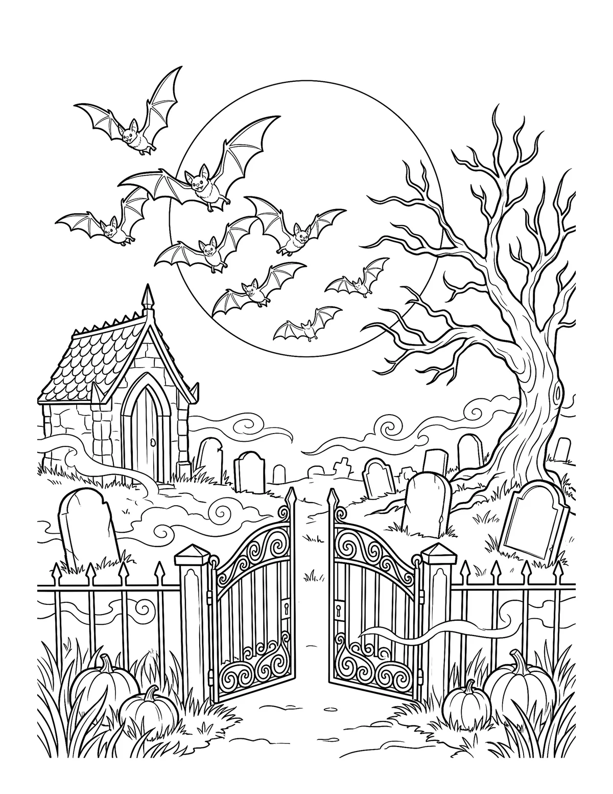 Coloring page of a flock of vampire bats flying across a full moon above a graveyard with tombstones, an iron gate and a twisted tree