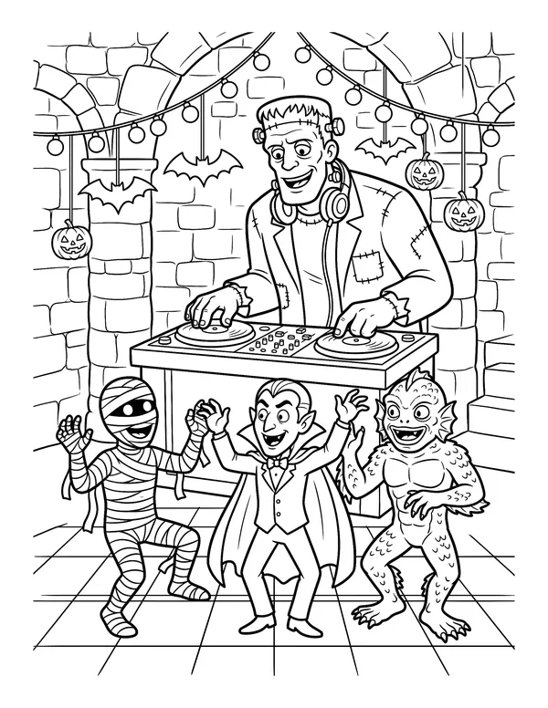 Coloring page of a Frankenstein-style monster DJ spinning records while a mummy, a vampire and a swamp creature dance in a castle hall