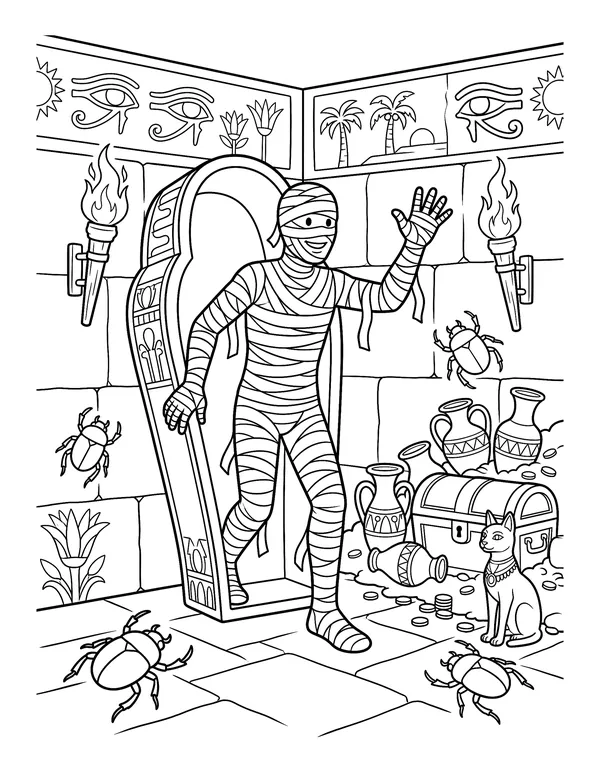 Coloring page of a friendly mummy waving as he steps out of a sarcophagus inside a pyramid tomb with scarab beetles, torches and treasure