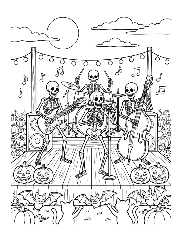 Coloring page of a skeleton rock band with a singer, guitarist, bass player and drummer on a stage lined with jack-o-lanterns