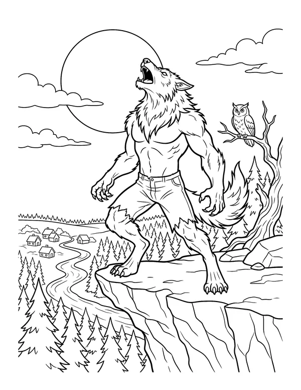 Coloring page of a werewolf standing on a rocky cliff howling at a full moon above a pine forest, river and small village